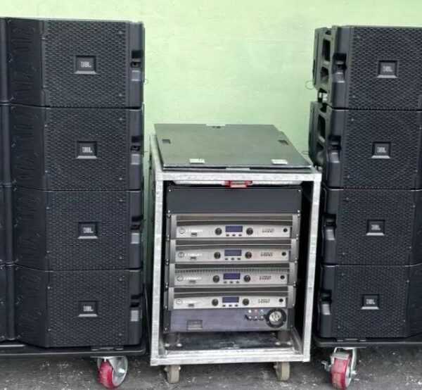 JBL VTX V20 Line Array Speakers with Transport Cart & Crown Amp Rack – Used