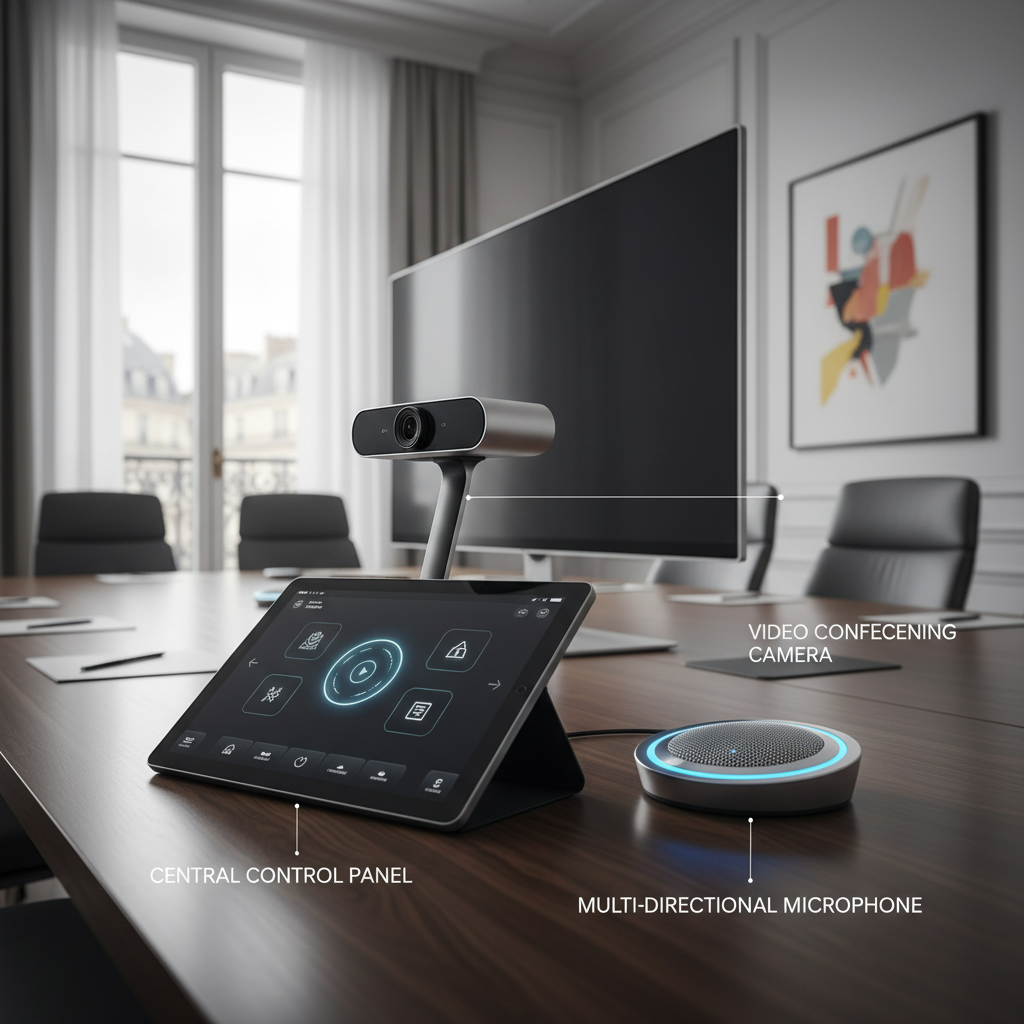 A detailed close-up shot of various integrated AV components within a contemporary French conference room setting. Focus on elements like a touch-panel control system on a table, a high-definition webcam elegantly mounted above a display, and a sleek, multi-directional microphone. The background should be slightly blurred, showing hints of a modern office environment. The style should be a high-quality product photography aesthetic, highlighting the sophistication and ease of use of the technology, with labels for each component (e.g., 'Video Conferencing Camera,' 'Central Control Panel').